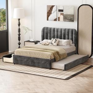 Upholstered Full Platform Bed with Trundle and Drawers for Teen/Adults,Solid Wood Bedframe w/Slat Support for Boys & Girls,Bedroom, Living Room,Space Saving,Grey