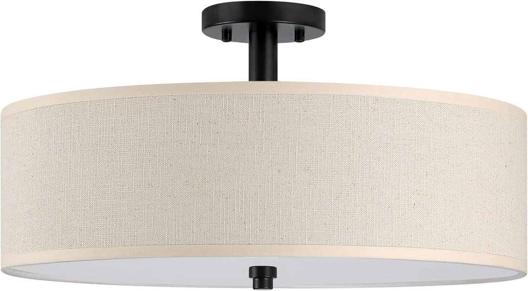 18 Inch LED 24W Adjustable 3000-5000K Black Double Drum Linen Fabric Shade Semi Flush Mount Close to Ceiling Light Fixture for Bedroom,Living Room,Dining Room Hallway
