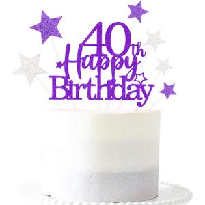 3 x Glittery 40th Happy Birthday Cake Topper with Star,Personalised 40 Birthday Cake Toppers Party Decorations Party Supplies for Men Women Purple Silver