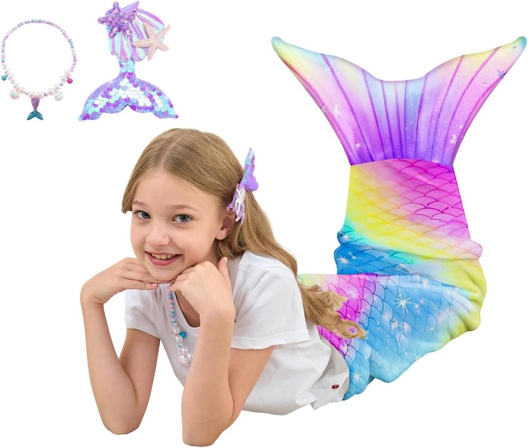 Mermaid Tail Blanket for Girls Soft Flannel Wearable Blanket Sleeping Snuggle Kids Birthday Gift (55" X 20") (Colorful)