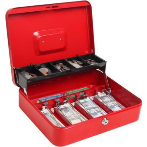 Cash Box with Money Tray and Key Lock, Parrency Large Money Box, 5 Compartments for Cions & 4 Spring-Loaded Clips for Bills, 11 4/5" x 9 2/5" x 3 1/2", Red