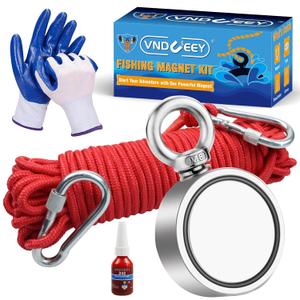 VNDUEEY Fishing Magnets with 750 lbs(340KG) Pulling Force Double Sided Magnet Fishing Neodymium Rare Earth Magnets with 65 Foot (20m) Durable Rope and Protective Gloves