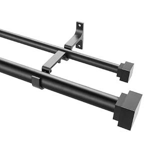 1 Inch Modern Double Window Curtain Rods, 36-72 Inch Adjustable Telescoping Heavy Duty StylishDrapery Rods Decorative Solid Square Allufer Finials for Dual Curtain Rod Window Treatment, Matte Black