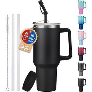 40oz Tumbler with Handle and Straw Lid - Insulated Water Bottle Keep Cold-34H, Stainless Steel Hydro Cup Travel Flask with Dust-proof Cap, Rubber Base, Coffee Mug for Men Women (Black)