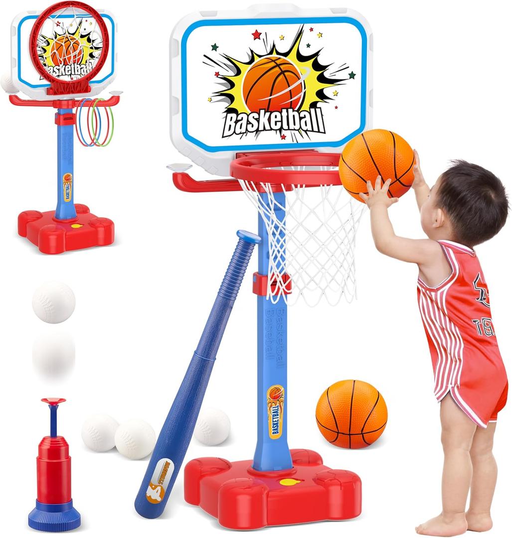 4 in 1 Toddler Basketball Hoop and T Ball Set, Toss Ring Game Kids Toys, Adjustable Height Kids Basketball Hoop Pool Toys Indoor Outdoor Sports, Gifts for Boys Girls Outdoor Toys for Toddlers 3-5 2-4
