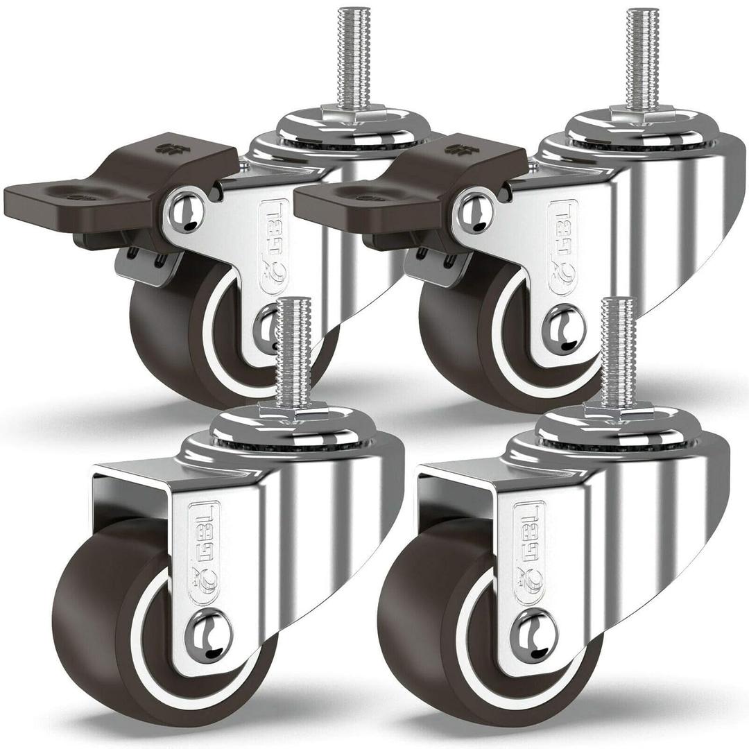 GBL 1" inch Small Caster Wheels with 2 Brakes + Screws M6x15mm - 90Lbs - Low Profile Castor Wheels with Brakes - Set of 4 No Floor Marks Silent Casters