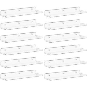 Lifewit Floating Shelves for Wall, 12 Pack Clear Acrylic Shelf 15" Room Decor for Bookcase/Vinyl Record Display/Photo/Picture in Bedroom, Living Room, Bathroom, Kitchen Storage and Organization