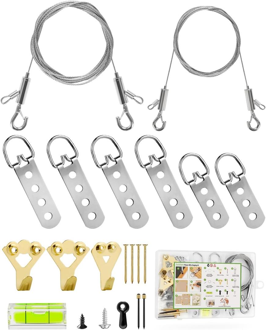 Picture Hanging Wire Kit Heavy Duty, 70PCS Picture Hanging Kit for Large Frame/ Mirror up to 50lbs/ 100lbs, including Adjustable Picture Wire, Hooks, D Rings, Frame Backing Clip, Mini Level