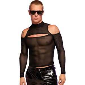 WDIRARA Men's Cut Out Front Mesh Sheer Mock Neck Long Sleeve Bodycon Party Blouse Tops (Medium, Black)