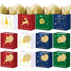 AmazingSpark 24 Pcs Small Christmas Gift Bags with Tissue Paper and Handle Reusable Christmas Paper Gift Bags with Tags for Holiday Present Wrap Giving 4 Style, 5 x 4.33 x 2.76 Inch(Xmas,Classic)