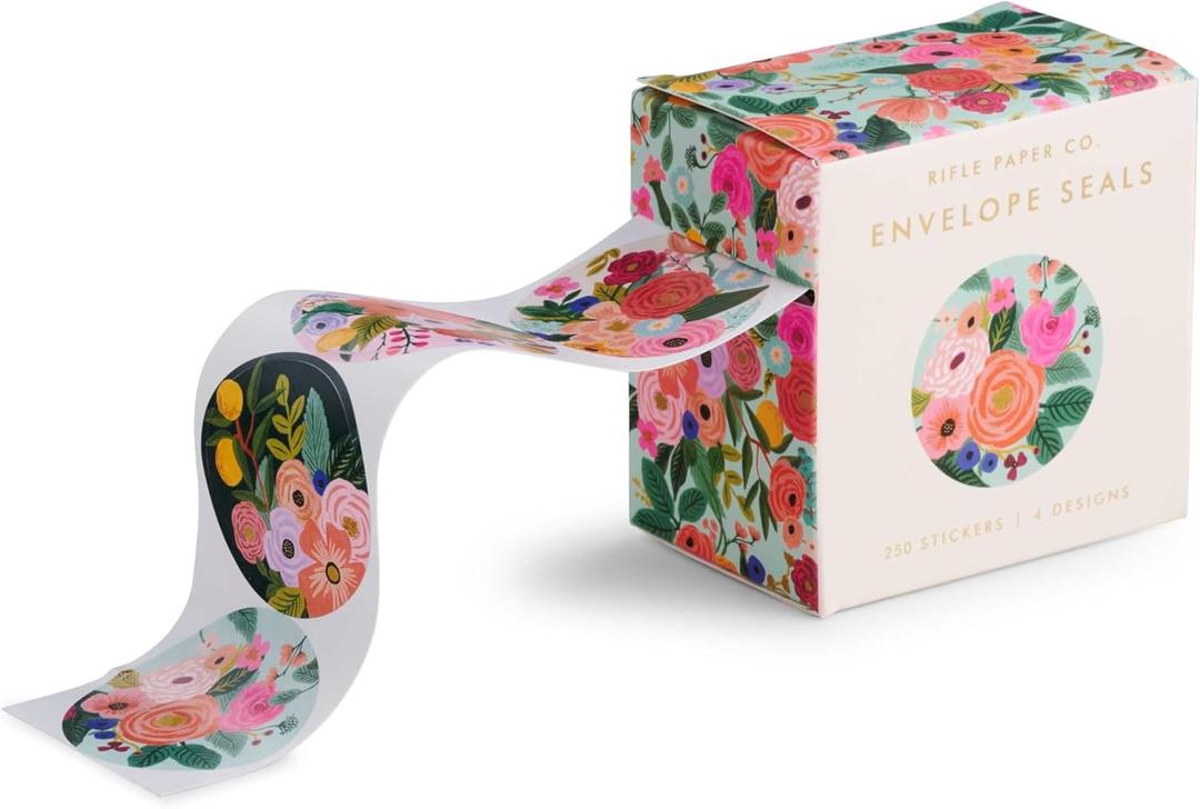 RIFLE PAPER CO. Envelope Seals | 250 Seals, Assorted Set of 4 Designs, Adhesive Backing, Box with Dispensing Slot, Add a Pretty Accent to Your Correspondence (1.5" W), Garden Party