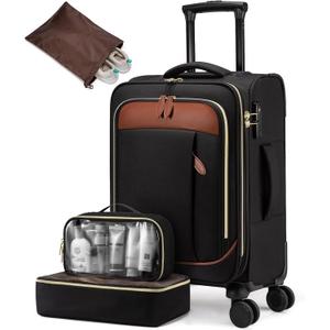 LOVEVOOK Carry on Luggage for Women and Men, Softside Suitcases with Daul Wheels (20-Inch 4 pcs, Light Brown-Black)