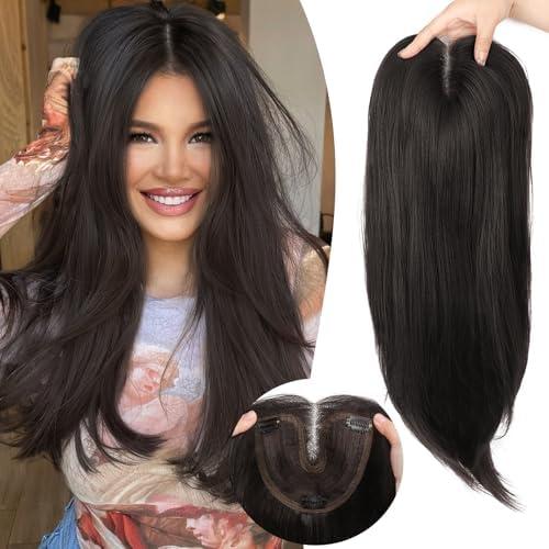 Eawwii Natural Black Hair Toppers for Women with Thinning 3D 360° Cover Clip in Wispy Bangs Upgraded Adjustable Bandage 24 Inch Long Layered