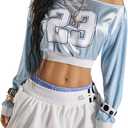 MakeMeChic Women's Y2K Jersey Top Number Print Asymmetrical Pullover Sweatshirt (Blue, L)