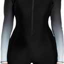 Halcurt Women's Boyleg One Piece Rash Guard with Built in Bra Zip Front UPF50+ Long Sleeve Full Body Surfing Swimsuit (Medium, Black/Ombre Gray Black)
