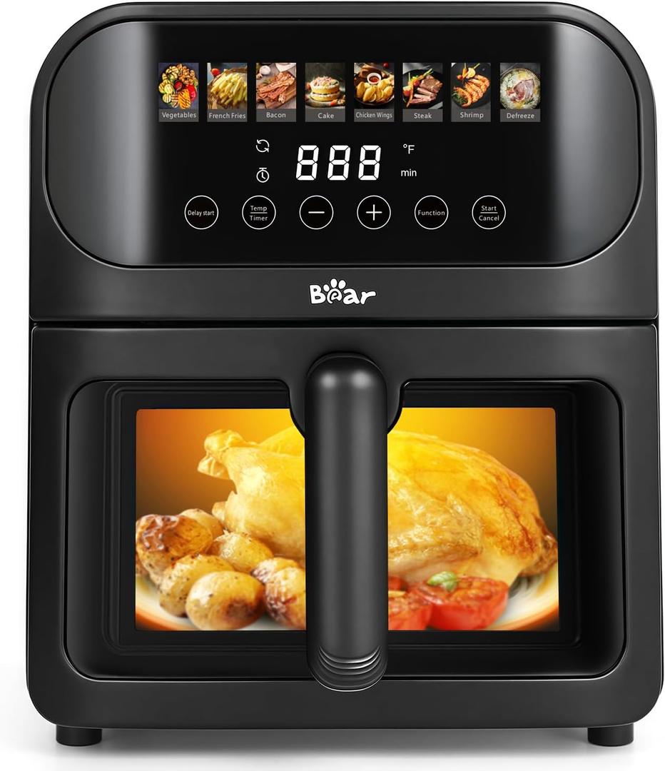 Bear Air Fryer, Stainless Steel Airfryer 8 Presets for Fast Family Meals, 6.4Qt Large Visible Window Temp Timer Adjustable Roast Bake Crisp French Fries Steak, Non Stick Basket Dishwasher Safe