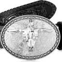 Xuniea Western Belt for Men Longhorn Cowboy Leather Buckle Belt Floral Engraved (45 Inch, Black)