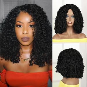 QUEENTAS Curly Wigs for Black Women 12 inch Deep Wave African Wear and Go Glueless Synthetic Black Curly Wig Medium Shoulder Length BOB Wet and Wavy Wigs(1B)