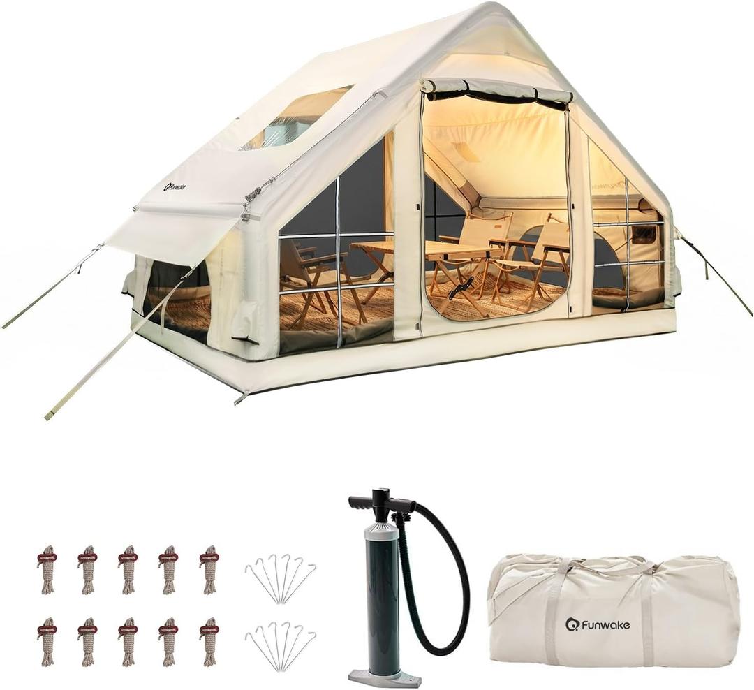 Inflatable Tent with Skylight, Quick Setup Blow Up Tents with Pump, Hot Tent with Stove Jack, 4 Seasons Waterproof Oxford Inflatable Camping House for Adult 4-6 Person, 118x83x78"