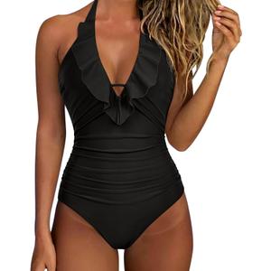 SUUKSESS Women Sexy Halter One Piece Swimsuits Ruffle Tummy Control Bathing Suit (Large, #1 Black)