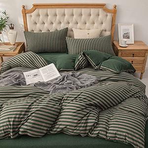 PURE ERA Jersey Knit Duvet Cover Set 100% T-Shirt Heather Cotton Super Soft Comfy Classic Striped Design, with Zipper Closure, Forest Green Stripe, Twin