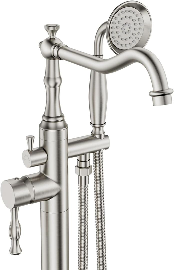 Brushed Nickel Bathtub Faucet Freestanding Tub Filler High Pressure Single Handle Bathtub Filler Floor Mounted Brass Bathroom Tub Faucets with Handheld Shower