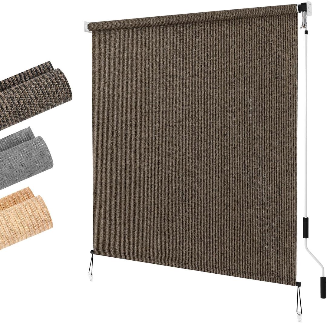 LUCKUP Outdoor Sunshade Roller Shades 8'Wx8'H (96" Wx96 H), Roll up Exterior Patio Shade Blinds Privacy Screen w/ 90% UV Protection Shade Cloth for Pergola Porch Gazebo Balcony, Mocha