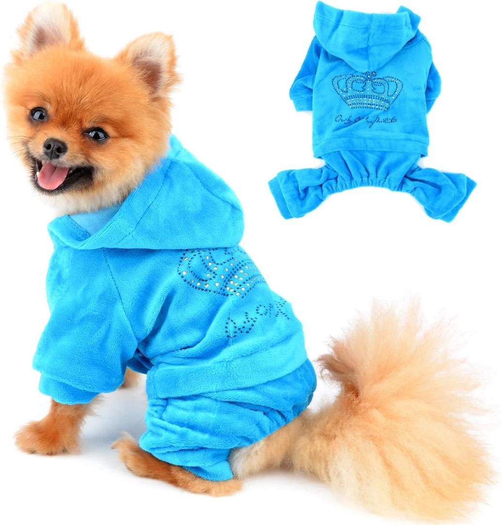 SELMAI Dog Jumpsuit Hoodie Sweatshirt Dog Fleece Sweater Coat Small Pet Clothes Rhinestone Crown Blue M (M (back: 11.0inch, chest: 17.5inch))