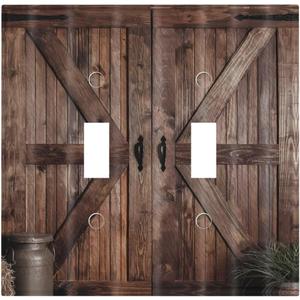 Rustic Farmhouse Brown Wood Barn Door Print Country 2 Gang Double Toggle Decorative Light Switch Covers Electrical Wall Plates Receptacle Switchplate Faceplates for Bathroom