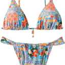 Women's 2 Piece Floral Tropical Print Bikini Set Boho Triangle Bathing Suit Tie Backless Swimsuit Sets (Medium, Orange and Blue)