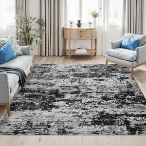 8x10 Washable Modern Abstract Area Rug: Soft Non-Slip Stain Resistant Indoor Floor Carpet for Living Room Bedroom Dining Room Home Office - Black Gray