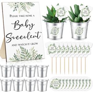 Fulmoon 151 Pcs Baby Shower Favors for Guests Include 1 Greenery Sign 50 Watch Baby Grow Succulent Tags 50 Small Metal Bucket with 50 Succulent Stickers for Guests