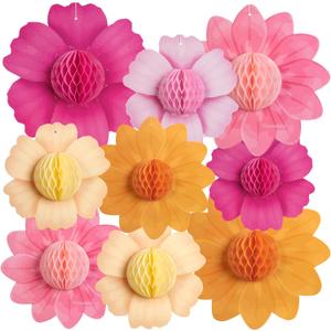 SUNBEAUTY 9PCS Hot Pink and Orange Party Decorations Paper Flowers Honeycomb Hanging Large Paper Flowers Pom Poms Fiesta for Girl Women Birthday Spring Garden Tea Party Wedding Baby Shower Wall