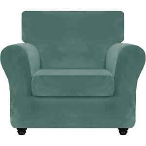 2 x ZNSAYOTX Luxury Velvet Chair Slipcovers with Arm 2 Piece Stretch Chair Covers for Living Room Thick Soft Armchair Slipcover Anti Slip Pet Friendly Furniture Protector (Pea Green),30"-47"(1 Cushion)
