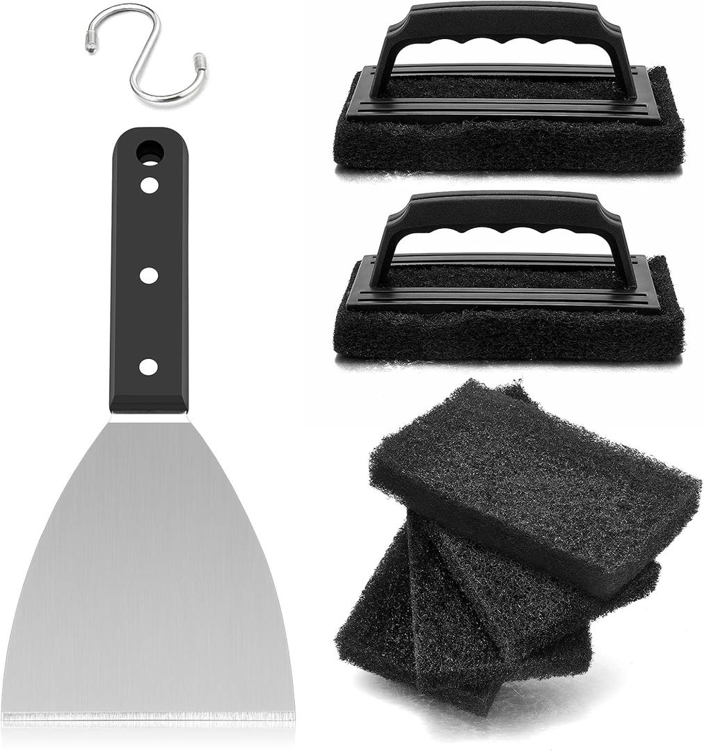 HaSteeL Griddle Cleaning Kit, 7PCS Flat Top Grilling Cleaner Tools Set, Metal Dough Scraper, Cleaning Brush with Handle, Scouring Pads for BBQ Cast Iron Kitchen Cookware Stovetops Hot & Cold Surfaces