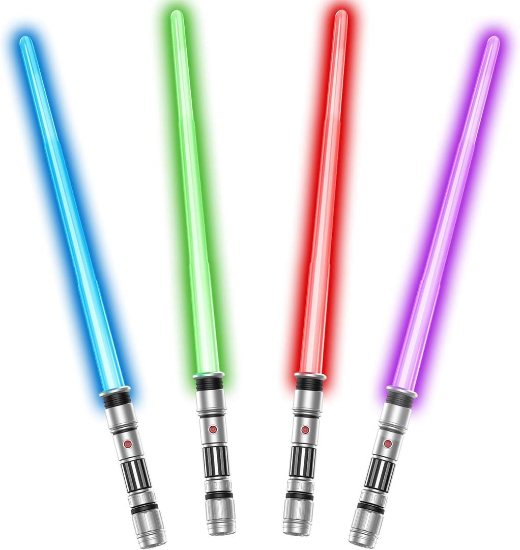 4 Pack Light up Sword Saber with FX Sounds (Motion-Sensitive) and Retractable Handle, 4 Colors Changing Led Glowing in he Dark Dueling Sword for Kid Adult, Galaxy War Party, Halloween Cosplay