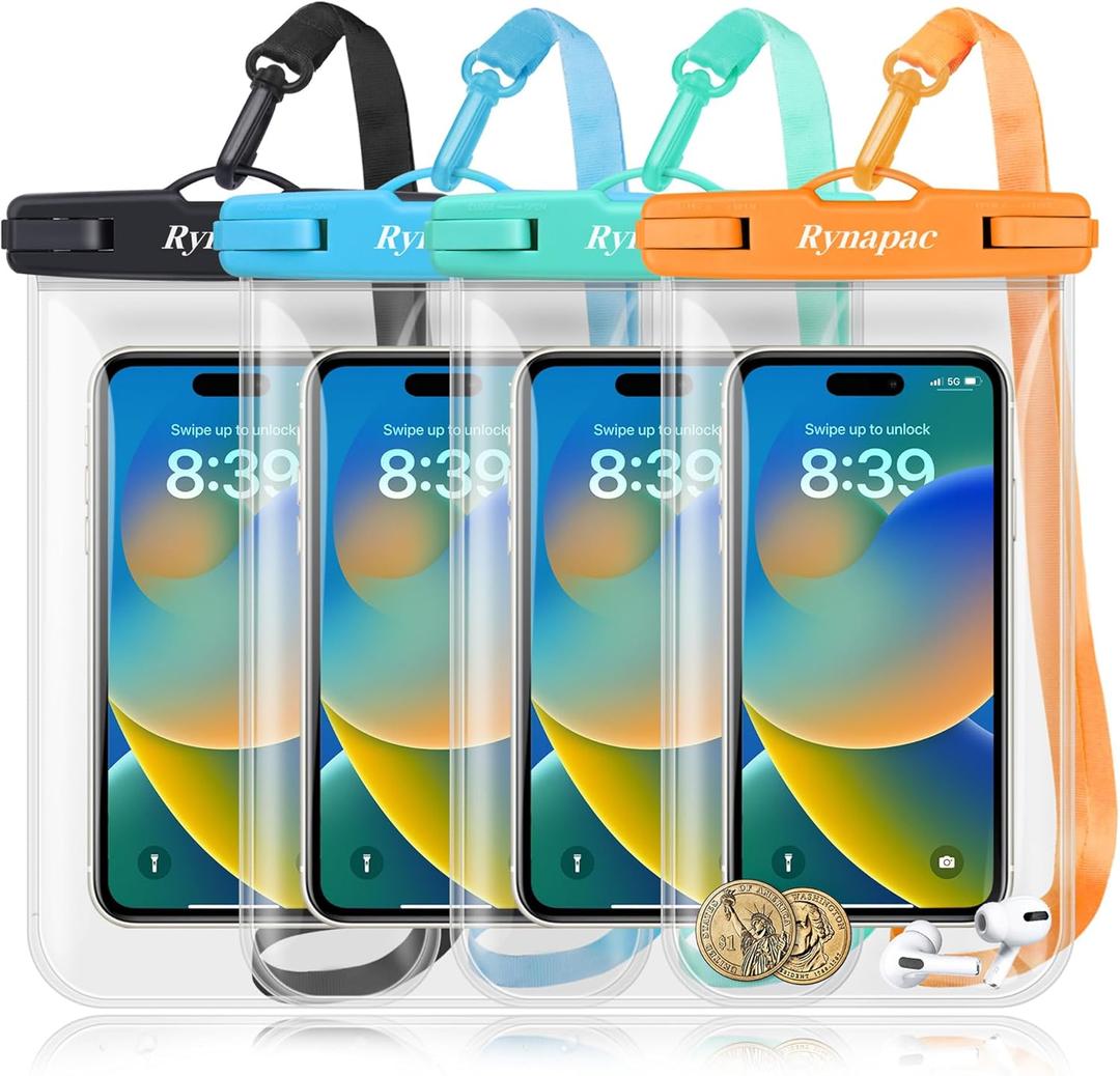 Waterproof Phone Pouch Bag - 8.5in Water Proof Cell Phone Case for Beach Travel Must Haves, Waterproof Phone Holder with Lanyard for iPhone 16 15 Pro Max Galaxy S24 Ultra Pixel 8 Pro, Cruise Essentials ([Black+Mint+Blue+Orange] Waterproof Phone Pouch)