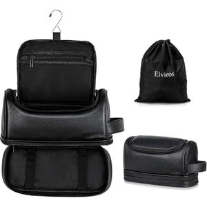 Elviros Toiletry Bag for Mens PU Leather Travel Organizer Kit with Hanging hook, Large Water-resistant Toiletries Bathroom Shaving Bags (Black)
