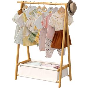 Bamboo Clothes Rack with Storage Box Foldable Garment Holder Coat Rack Freestanding Coat Stand Child Clothing Stand for Hanging Coat Dress up Racks (Natural, Small)