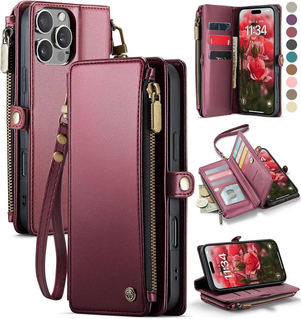 Defencase Compatible with iPhone 16 Pro Case Wallet with RFID Blocking Card Holder for Women Men, Soft PU Leather Magnetic Snap Flip Zipper Strap Wallet Phone Case Fit for iPhone 16 Pro 6.3", Wine Red