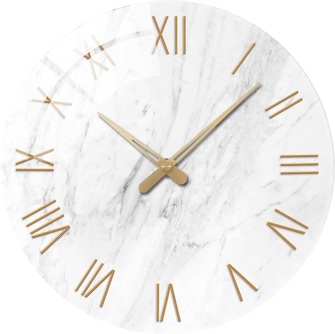 White Small Wall Clocks Battery Operated Marble Analog Clock for Bedroom 12 Inch Round Silent Wall Clock Modern