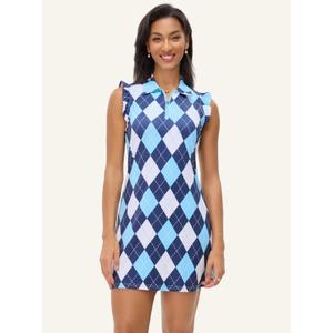 SONEVEN 34" BLUE CHECKERBOARD QUARTER-ZIP RUFFLED SLEEVELESS DRESS WITH SHORTS, M, BLUE CHEKEREDBOARD