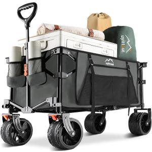 Collapsible Wagon Cart Heavy Duty Foldable, Folding Beach Wagon with Big Wheels for Sand, Utility Grocery Cart with Side Pocket and Brakes for Camping Sports Outdoor Activities, Grey (Gray)