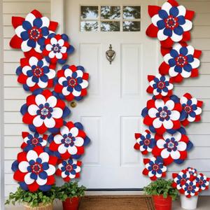 Colarr 24 Sets Large 250th Patriotic Outdoor Decor 4th of July Patriotic Flowers Decorations for Front Door Independence Day Flowers Door Decorations White Blue Red DIY Artificial Yard Decor