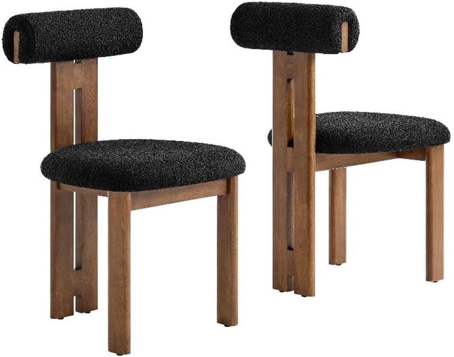 Modway Torian Upholstered Boucle Dining Chairs Set of 2 in Walnut Black - 3-Legged Farmhouse Kitchen Chairs - Mid-Century Modern Armless Accent Chairs - Comfortable Side Chairs with Wood Legs