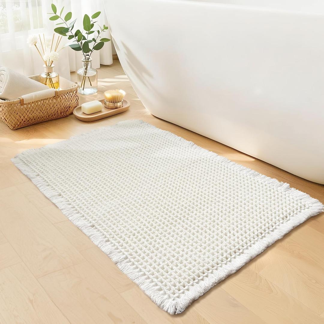White Bathroom Rugs, Waffle Bath Mat Non Slip Washable, Super Absorbent & Quick Dry, Small Boho Bath Mat Farmhouse Bathroom Decor, 18'' x 30'', White