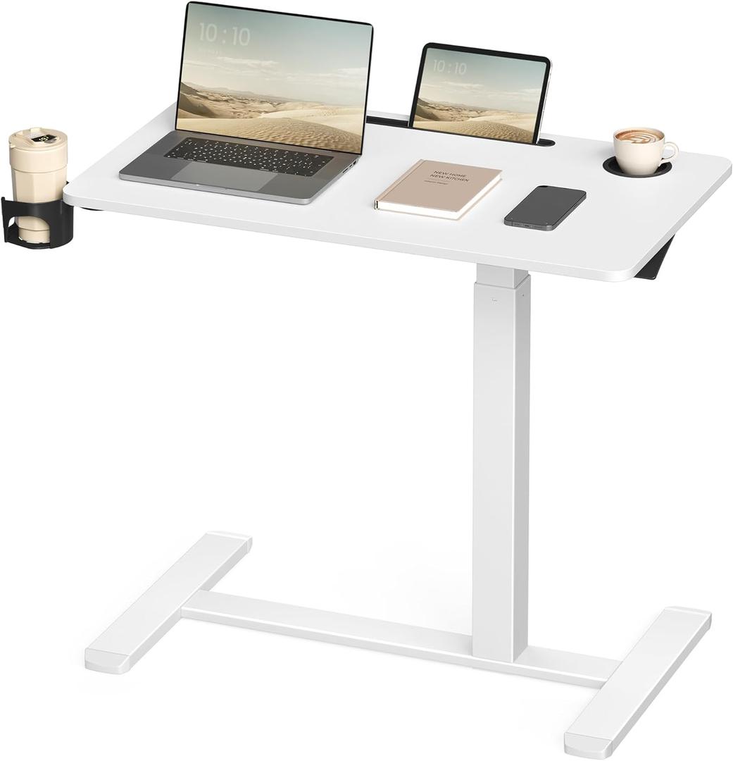 VASAGLE Overbed Table with Wheels, Mobile Standing Computer Desk, 31.5 x 17.7 Inches Tabletop, Adjustable Height, 2 Cup Holders, Phone and Tablet Slot, Cloud White ULSD601W01