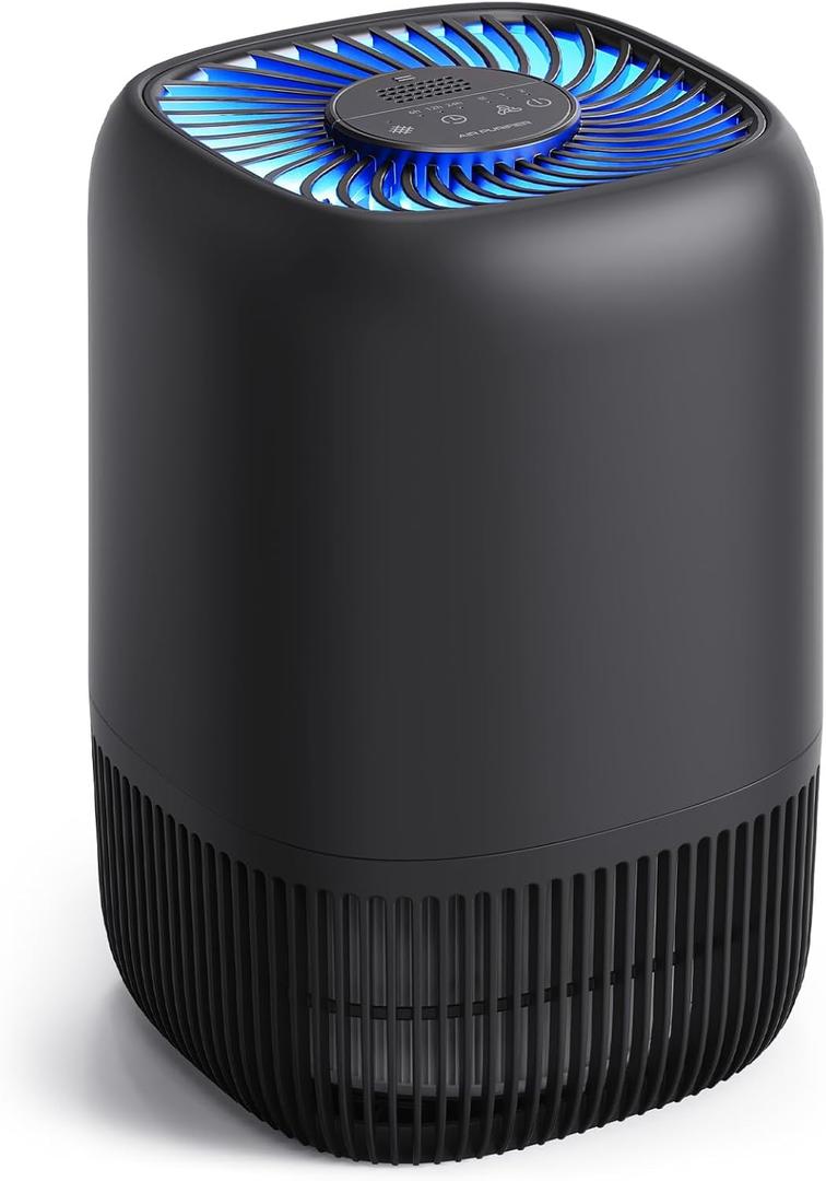 Air Purifiers for Bedroom with High Efficiency Filter Up to 1076 Ft for Pet Hair, Odors, Pollen, Smoke, Compact Air Cleaner with 3 Speeds, Timer, Aroma Quiet 360Intake Filter, Black