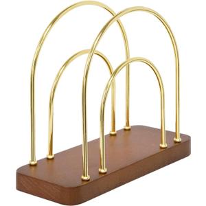 Qiannhee Gold Napkin Holder for Table, Modern Metal Wire Arch Design,Standing Napkin Dispenser,Walnut Brown Wood Base with Non - Slip Pads, Ideal for Kitchen, Dining, Wedding, Party Decorative Use
