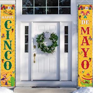 Happy Cinco De Mayo Porch Banners, Mexican Fiesta Front Door Hanging Decorations 70.9x11.8 Inch, Let's Fiesta Polyester Porch Signs for Indoor Outdoor Party, Entryway Carnival Decor